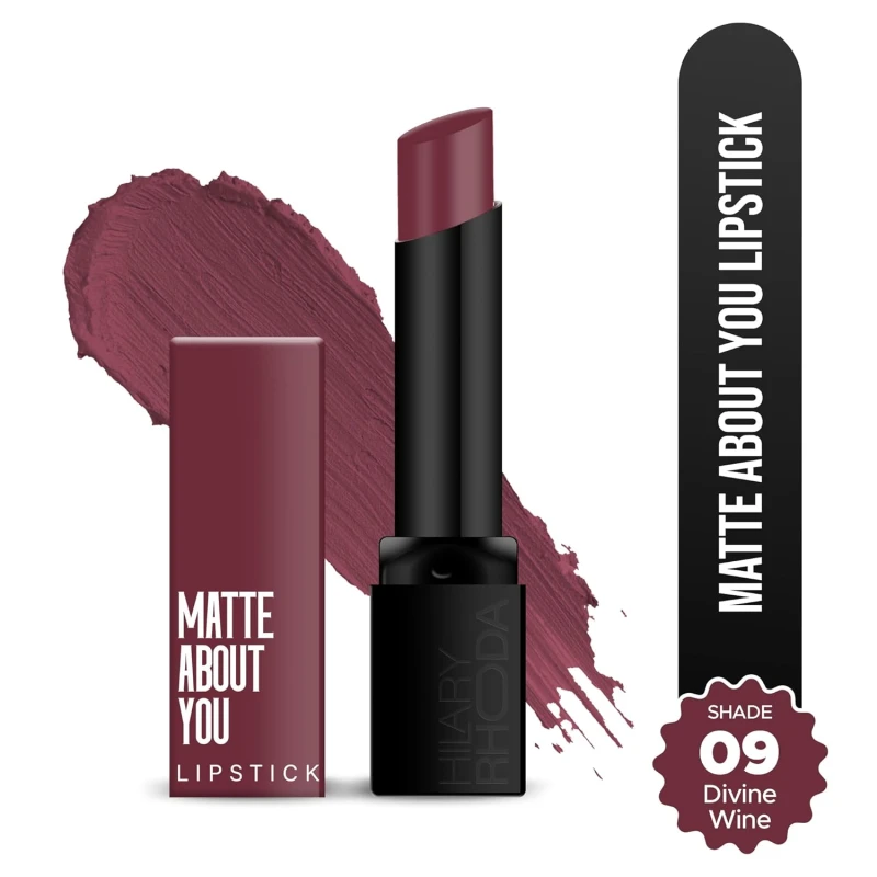 Hilary Rhoda Matte About You Lipstick | Long Lasting & Highly Pigmented Lipstick | Glides Smoothly | Matte Finish | One Stroke Application | Cruelty-Free & Vegan - 3g (Divine Wine - Shade 09) - Thumbnail 2